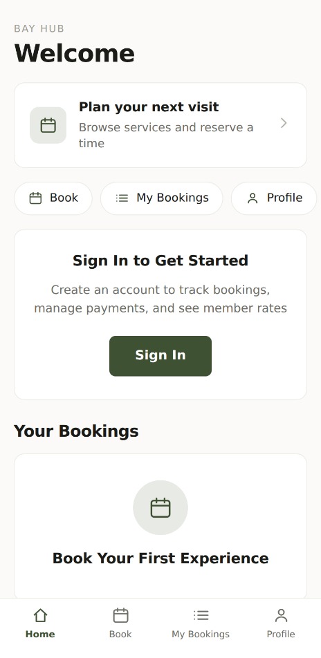 Bay Hub app home screen